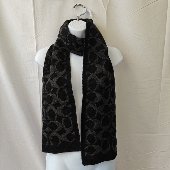 COACH Wool Cashmere Blend Logo All Over Print Black Grey Scarf - Picture 1 of 8